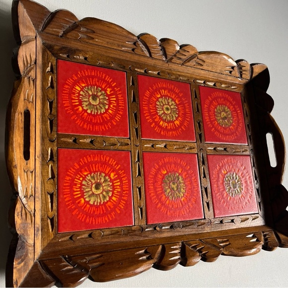Vintage Handmade Ornate Wood Tray W Mexican Talavera Ceramic Red Tile MCM - Picture 2 of 6
